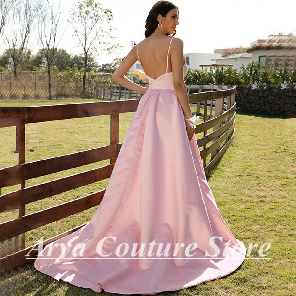 Simple Pink V-Neck Evening Dress Spaghetti Strap Sleeveless Sexy Open Back A-Line Floor Length Women with Pleat and Belt Gowns