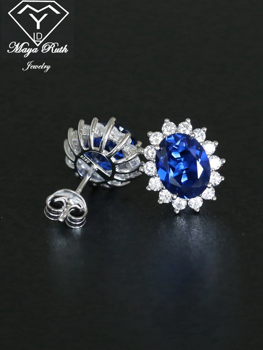 Creato Sapphire Halo Diana Princess orecchini da festa in vero argento Sterling 925 per le donne regalo femminile di forma ovale con pietre preziose