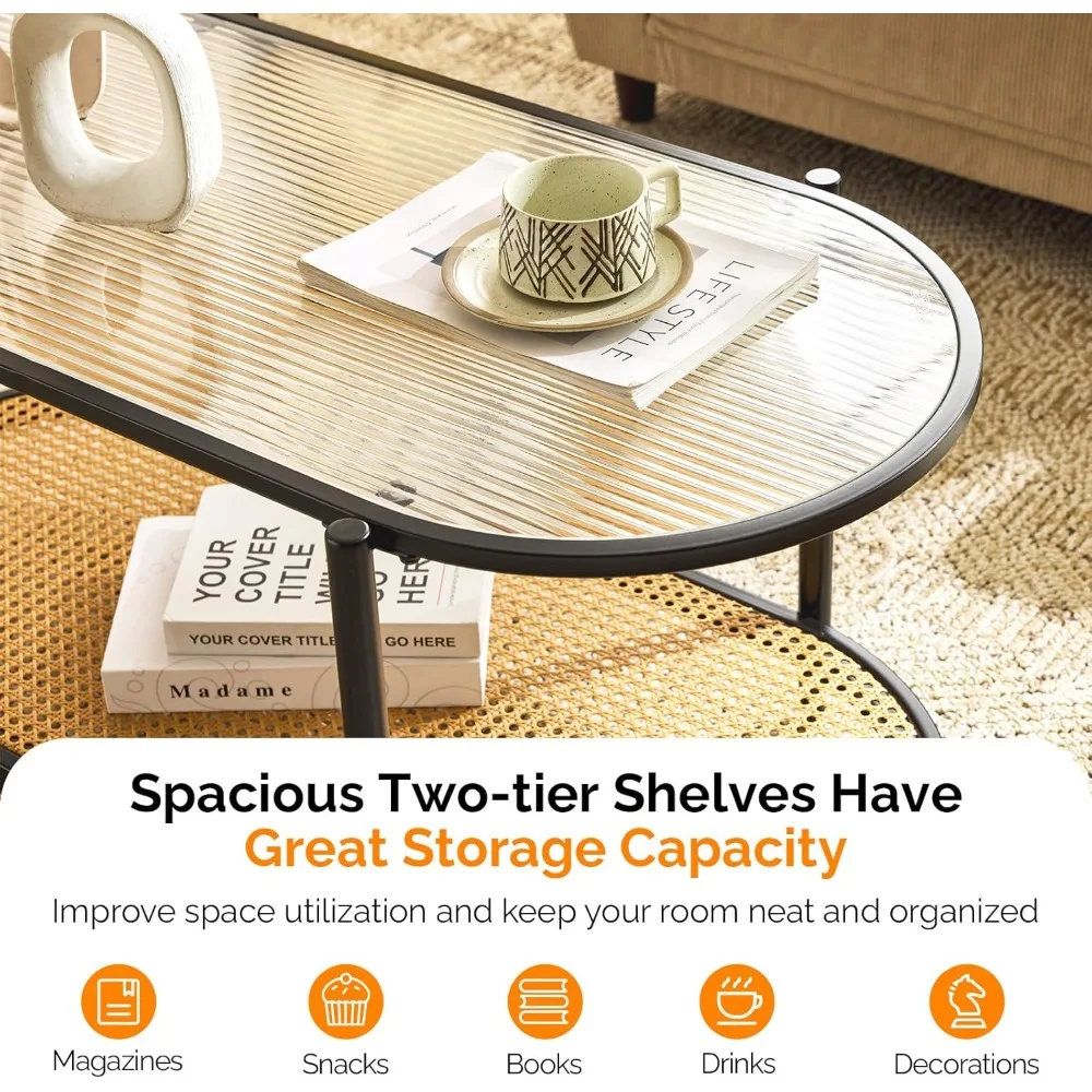 38" Oval Coffee Table with Rattan Shelf, Glass Metal Coffe Table, Skinny Coffee Tables with 2-Tier Storage, Modern Center Table