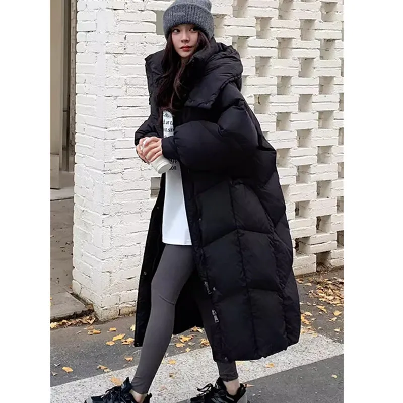 2024 Winter New 90 White Duck Down Extra Long Jacket Women\'s Korean Edition Loose Thick Down Coat Female Hooded Parker Overcoat