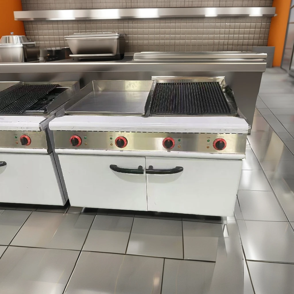 Professional Electric Lava Rock Grill Combine With Flat Griddle With Cabinet Cooking Equipment