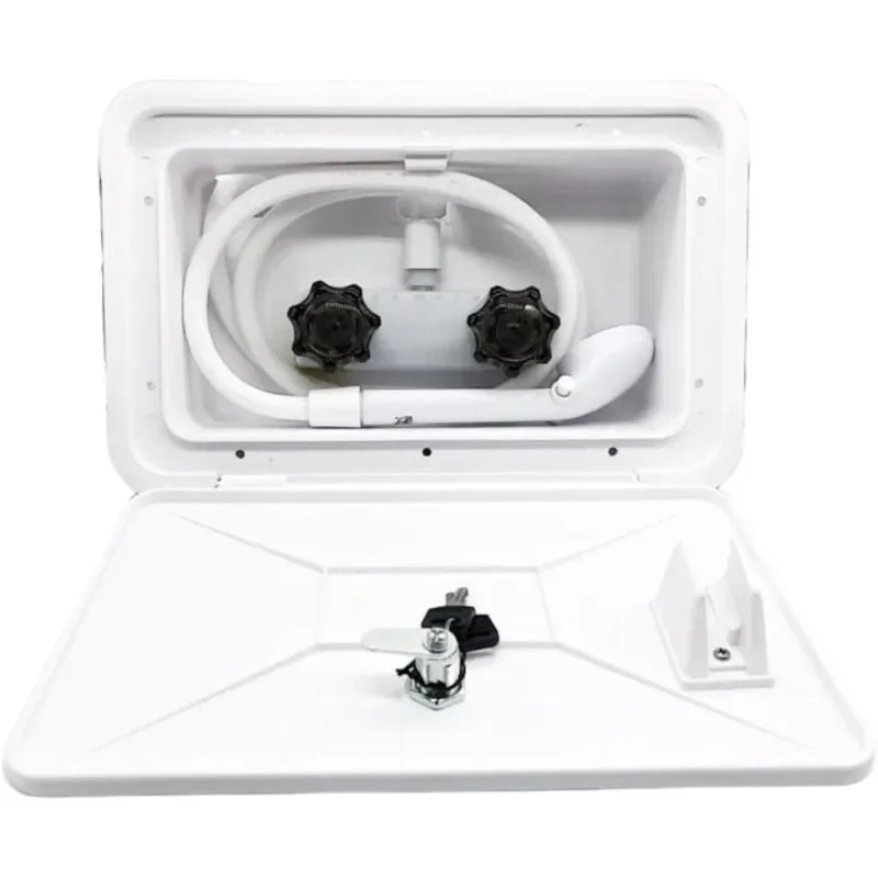 RV External Shower Box Kit White RV Outdoor Exterior Shower with Lock Leak Proof Coiled Hose Easy Install for Camper Van