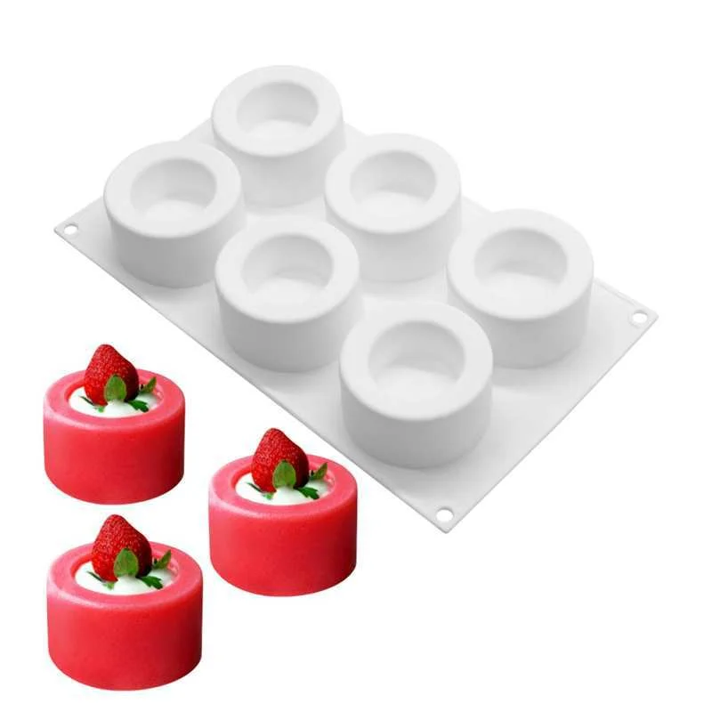 Mousse cilíndrica de 6 buracos, molde de silicone para bolo, faça você mesmo, copo oco francês, pastelaria, pudim de chocolate, gelatina, muffin, copo, torta, ferramentas de cozimento