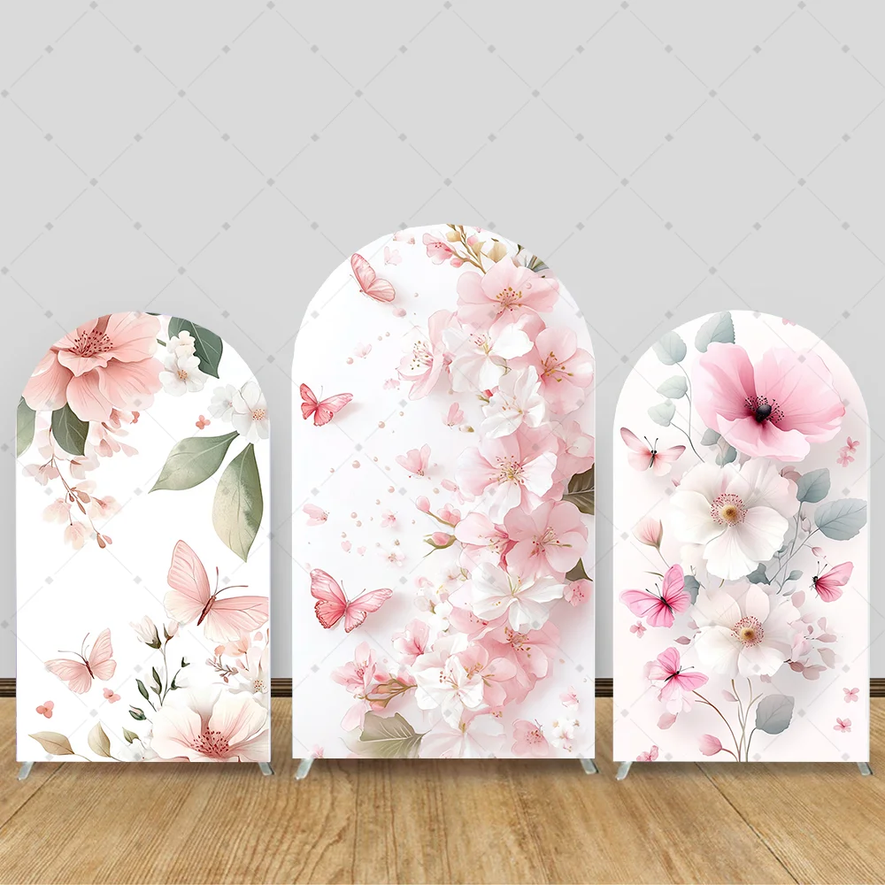 

Pink Floral Arch Backdrop Cover Butterfly Girl Birthday Baby Shower Party Decoration Cake Smash Portrait Photozone Background