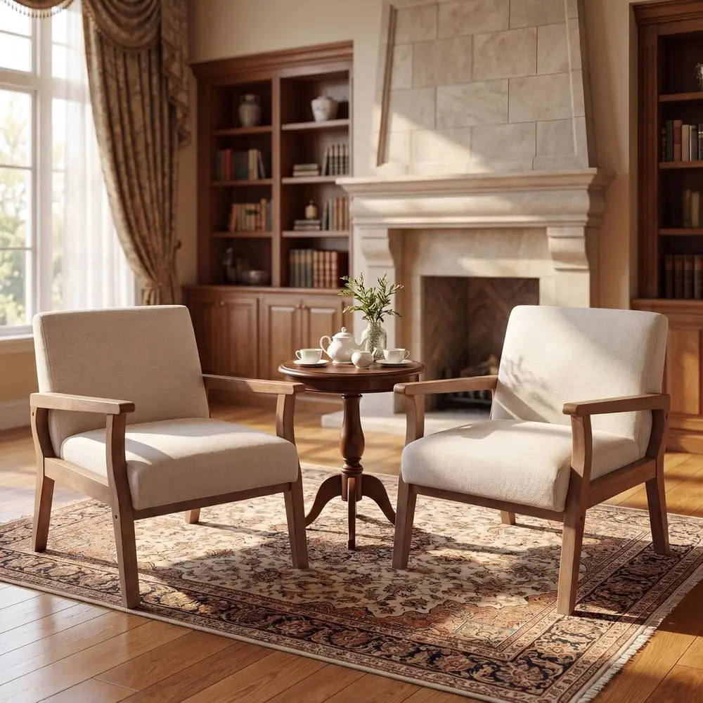 

Beige Accent Chairs Set of 2 - Mid Century Modern Chair for Living Room, Bedroom - Armchair Wood Frame Linen Upholstered Side Chair Cream
