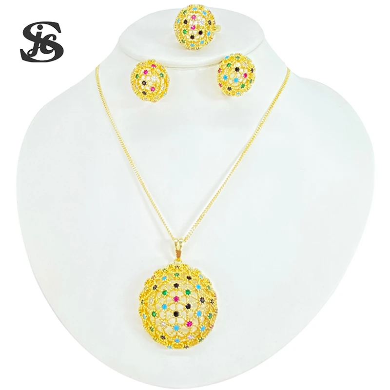 Italian Fashion Jewelry Sets 18K Gold Plated Polychromatic Zircon Inlay Round Shape Necklace Ring Earrings For Women Daily Wear