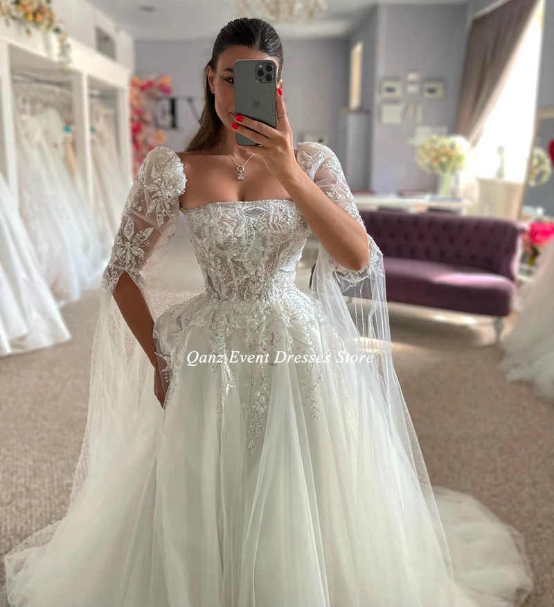 Qanz A-Linie Tüll Brautkleid 2023 Boot Hals Spitze Applikationen Vestidos de Novia abnehmbare lange Cape Ärmel Boho Robe de Mariée