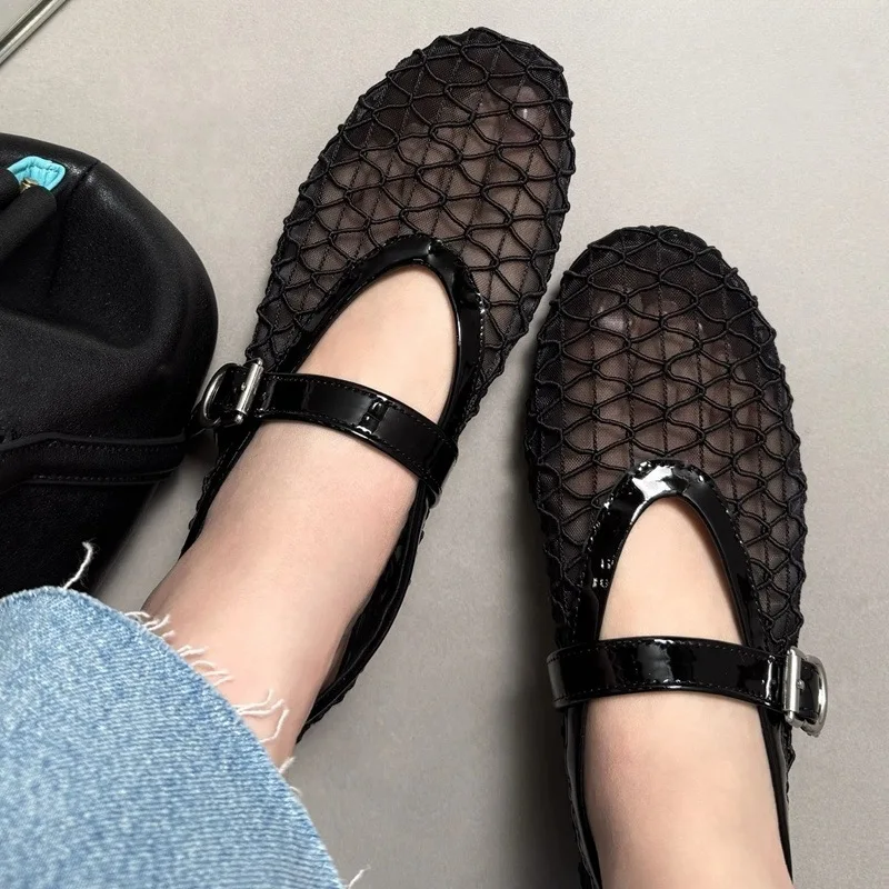 

Новое поступление, женская обувь Мэри Джейн для отдыха, сетчатая обувь на плоской подошве с круглым носком, дышащая стильная черная, красная женская повседневная прогулочная обувь для вождения