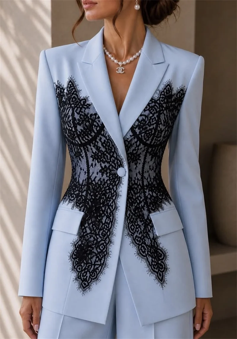Fashion Blue Women Suits Set 2 Piece Blazer+Pants Trousers Lace Formal Customized Office Lady Jacket Cotton Wedding Prom Coat