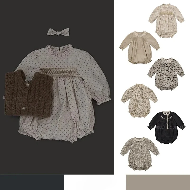 

2025AW LOU's новый детский комбинезон с принтом, маленький цветочный принт, цельнохлопковая одежда с длинными рукавами и нижней частью для мальчиков и девочек, треугольная одежда для ползания