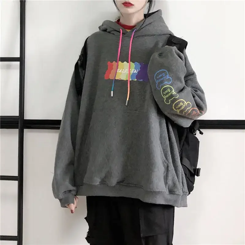 

Long Sleeve Loose White Winter Hoodie Streetwear Harajuku Japan Sweatshirt Women Autumn Rainbow Print Hoodies Female Clothes New