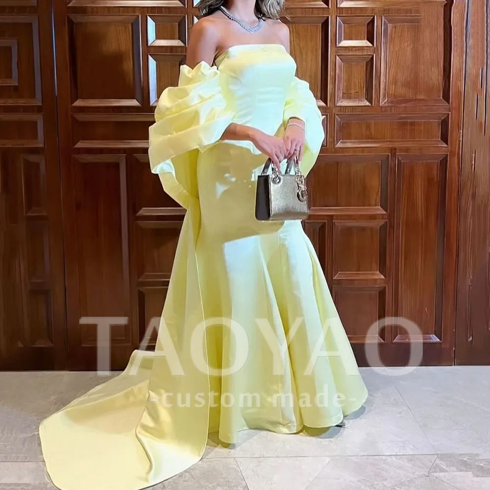 

Yellow Satin Mermaid Formal Evening Dresses With Shawl Off Shoulder Graduation Arabic Long Party Dress Prom Gowns Customized