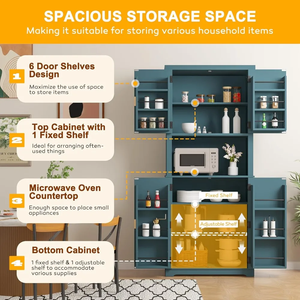 خزانة مخزن المطبخ VEIKOU مقاس 72 بوصة مع خزانة بوفيه، وحدة تخزين قائمة بذاتها تتميز بأرفف أبواب ورفوف قابل للتعديل