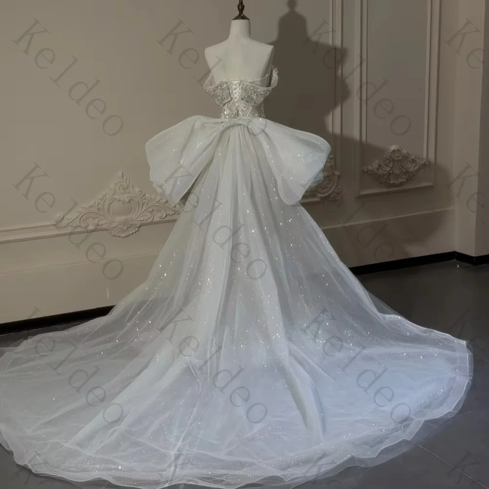 Customized Mermaid Strapless Sleeveless Wedding Dresses Removable Bow Train Beaded Crystal Lace Backless Floor Length Bride Gown