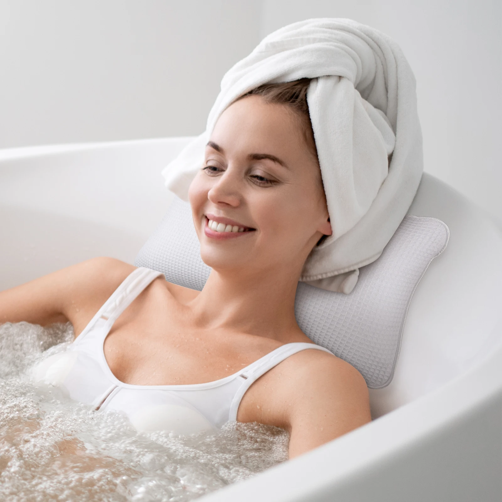 

2pc Bathing With Pvc Air Bags Anti-Slip Bathtub Bath Pillow For Spa Bathing Pillow With Suction Cups White Mesh Texture Head