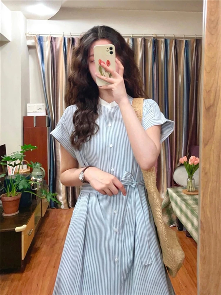 DR2531 New 2024 Korean Fashion Lace Up Striped Chic Vintage High Waist Elegant Lady  Women's Spring Summer Long Shirt Dresses