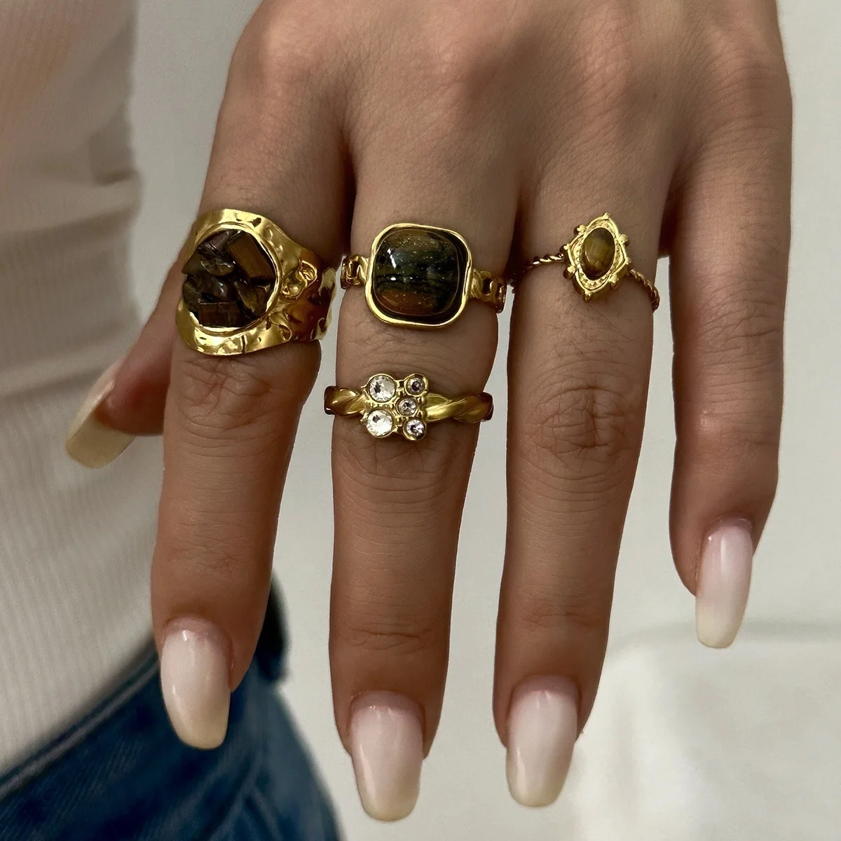 Stainless Steel Natural Tiger Eye Stone Waterdrop Hammered Wide Rings For Women Men French Vintage Geometric Flower Ring Jewelry