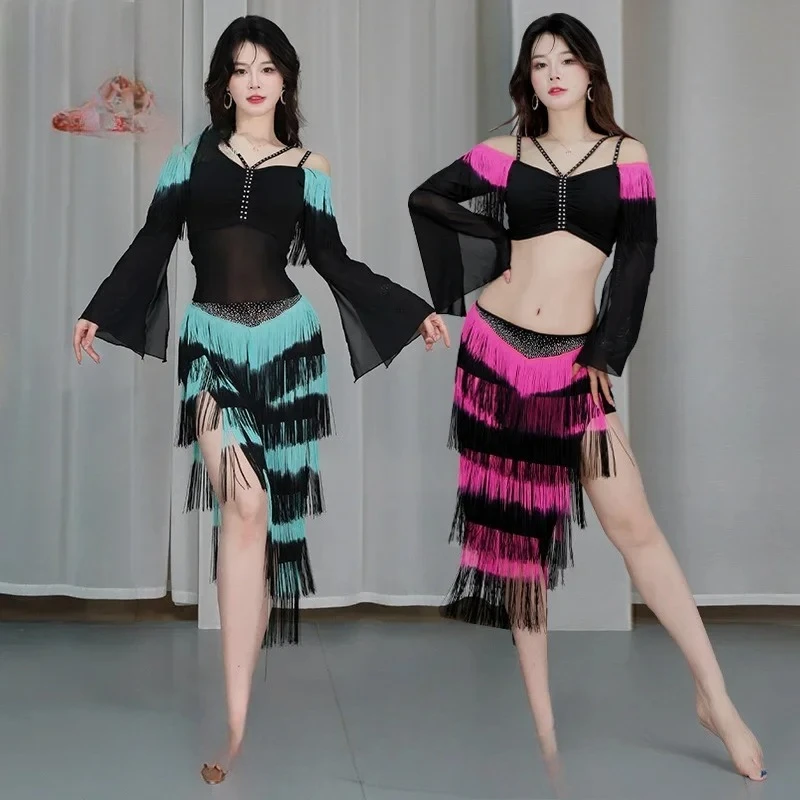 

Women Mesh Long Sleeved Top and Tassel Long Skirt Set Adult Oriental Belly Dancing Performance Costumes Belly Dance Suit