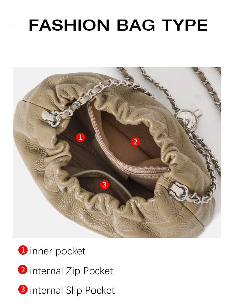 Leichte Litchi-Textur Echtes Kuhleder Cloud Bag Damen Kordelzug Tasche mit Raffdesign Metallkette Crossbody Mini-Geldbörse – Detail 5