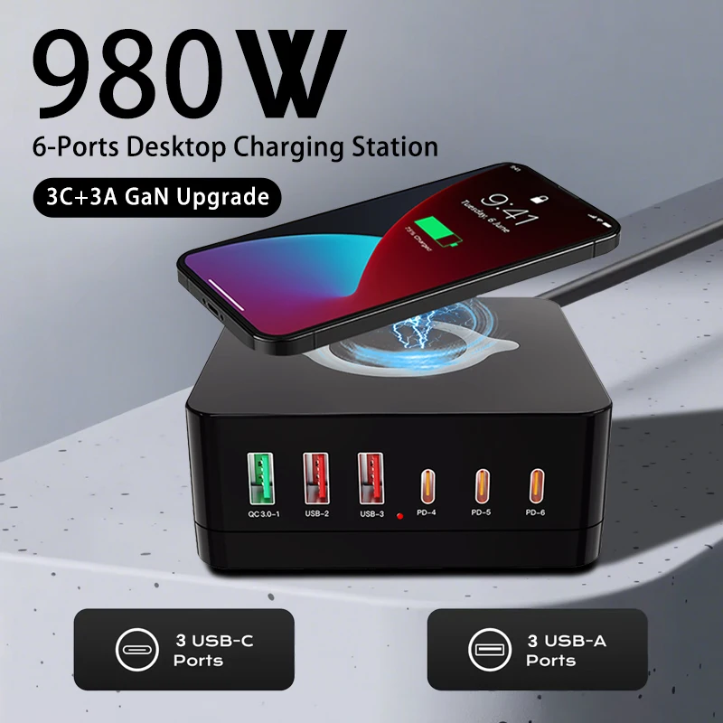 

#Low Price Clearance QC3.0+PD65W Super Chargers 980W 6-Ports Quick Charger Station With 15W Wireless Charger For Magsafe iPhone