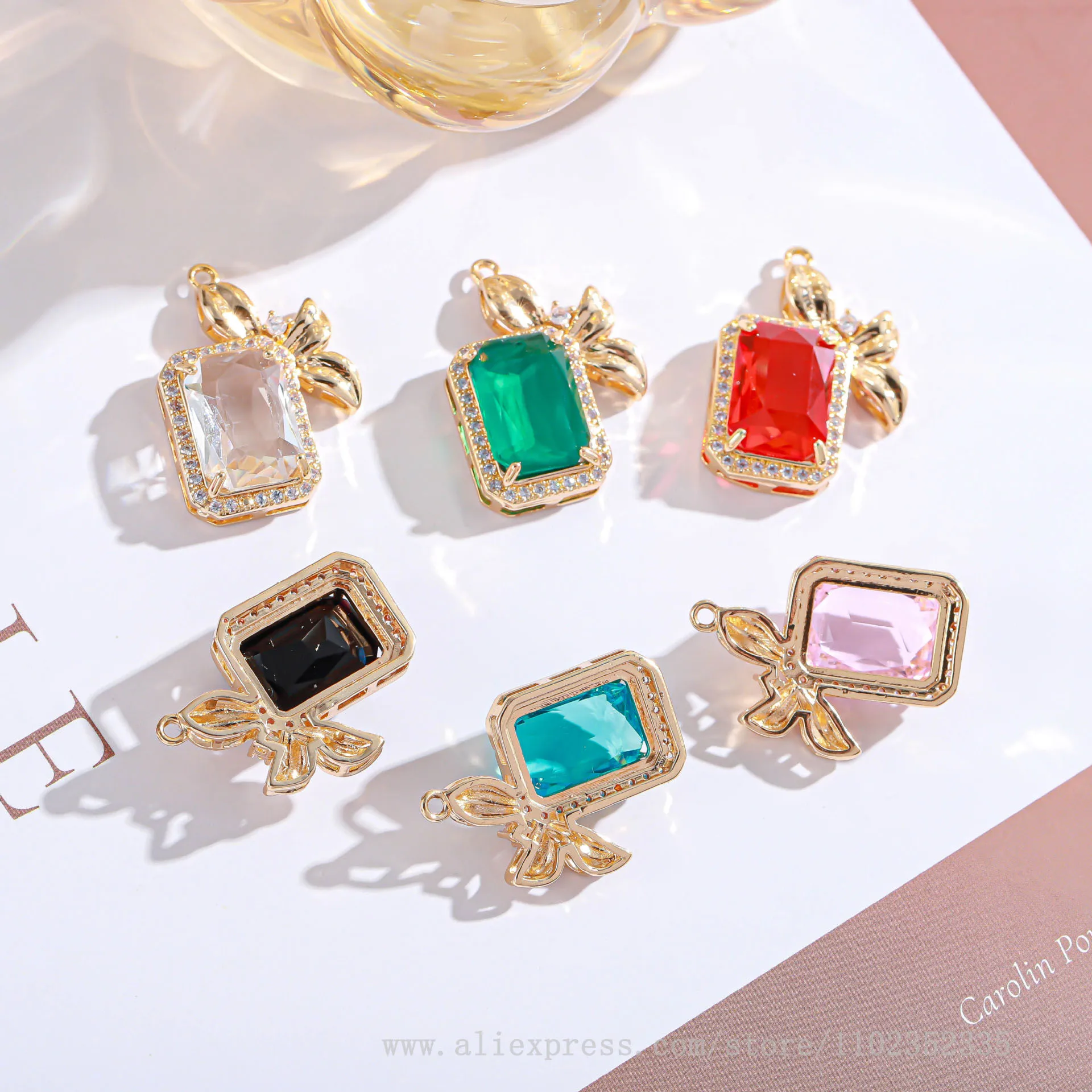 10pcs/ Bag   Hot selling copper gold-plated crystal diamond geometric square pendant DIY necklace bracelet pendant