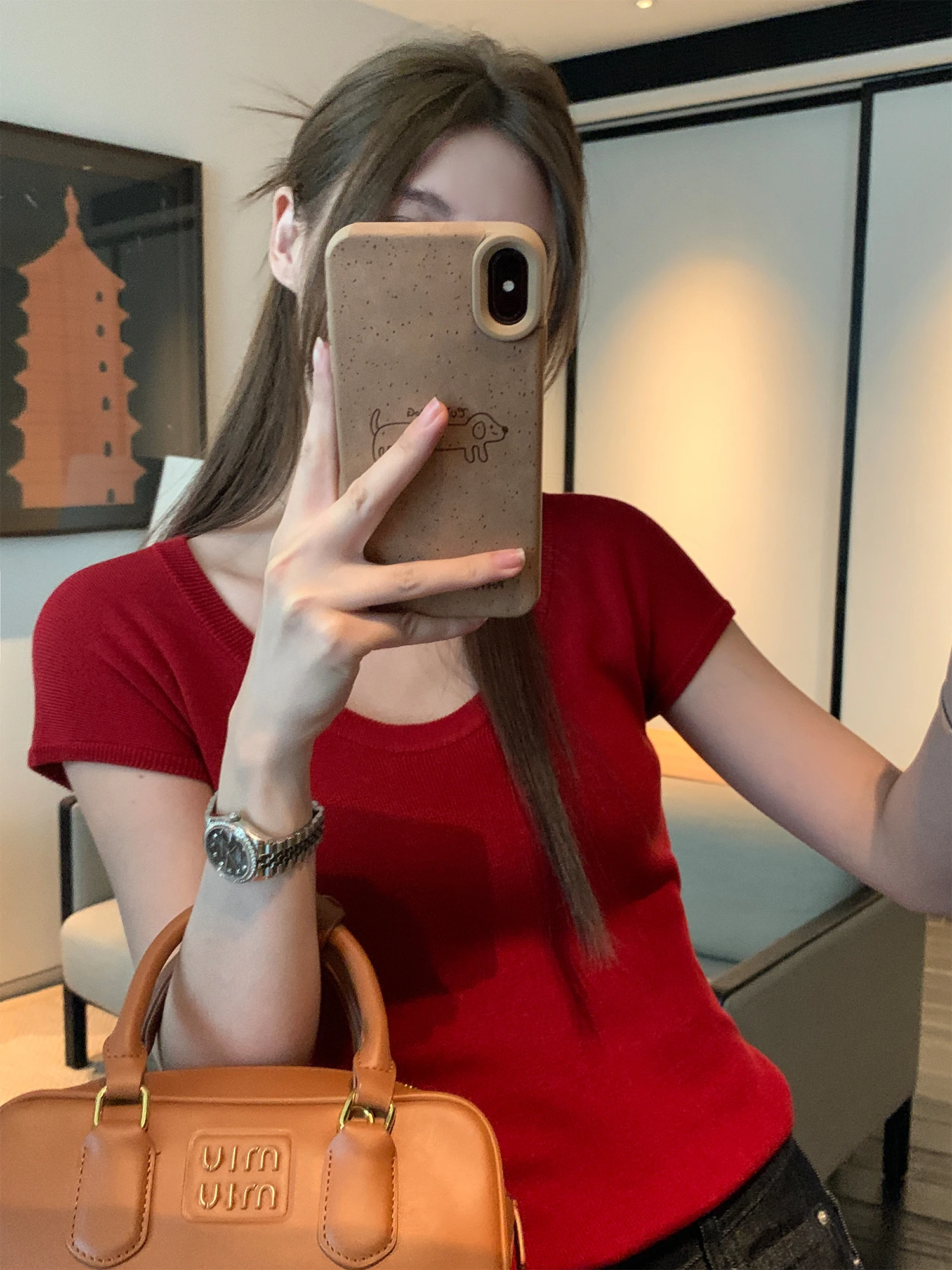 

Women's Slim Fit Cashmere T-Shirt Large round Neck Knitted Top Short Sleeve Base Shirt Korean Style Commute Pure Color