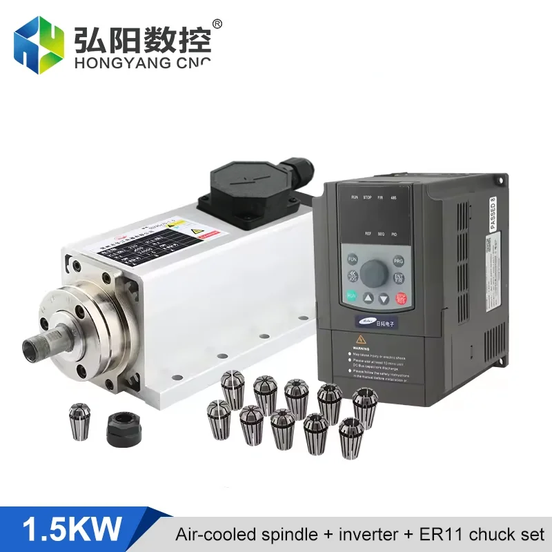 1.5KW Square Air-Cooled Spindle Motor Flash + 1.5kw VFD Inverter + 1 Set ER11 Collet CNC Milling Machine Engraving Milling Kit