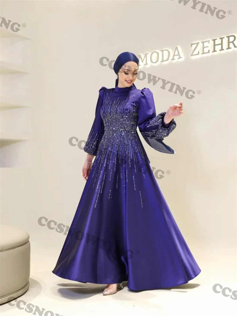 Satin Appliques Beaded Muslim Evening Dresses Islamic Long Sleeve Formal Party Gown Prom Dress Arabic Dubai Women Robe De Soiree