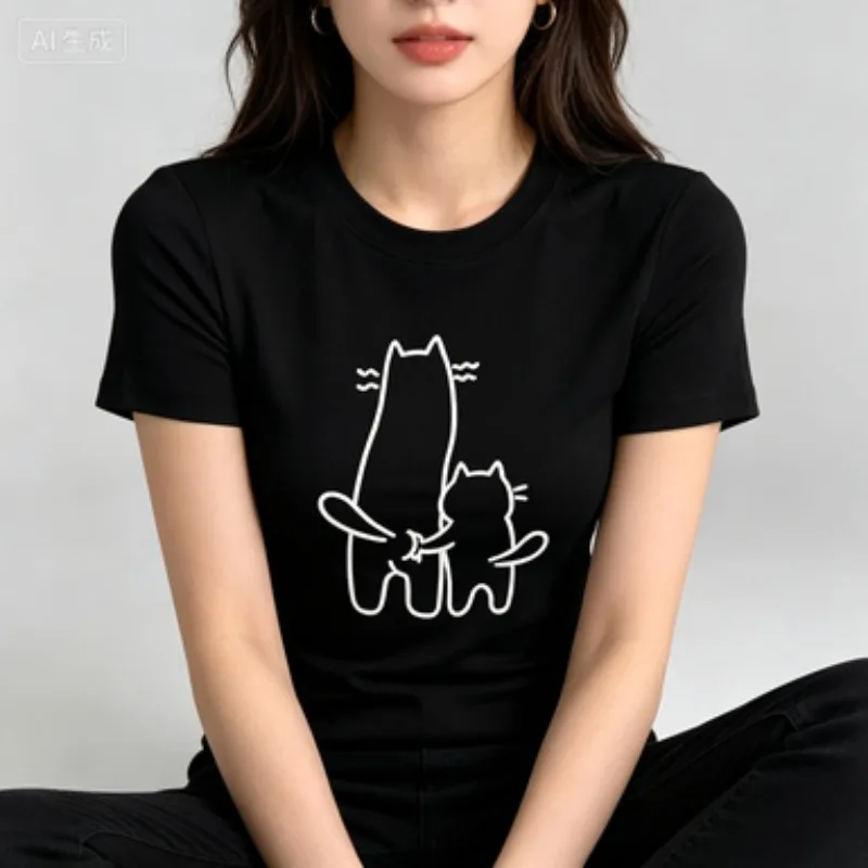 Women Modal Crew Neck T‑Shirt Minimal Line Art Two Holding‑Hands Cats Graphic Print Cute Kitten Sketch Casual Short
