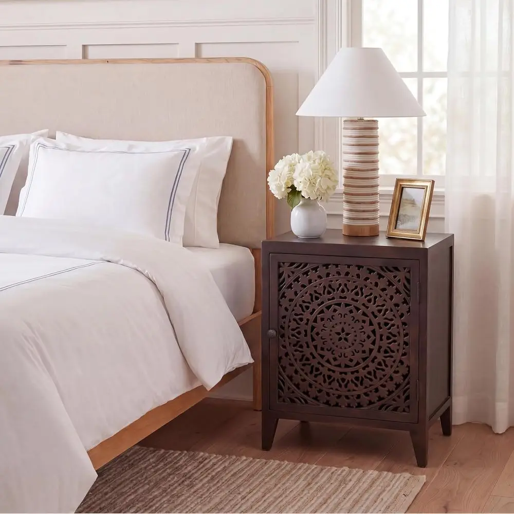 urniture - Thea 1-Door Carved Nightstand - Brown - Mango Wood - Artisan Global Design - Ideal or Bedroom, 20