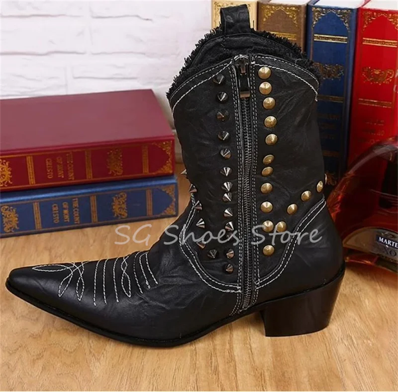 

Handmade Genuine Leather Boots for Men Punk Rivet Sewing Western Cowboys Boots Pointed Toe Wedges Male Dress Shoes Size 38-46