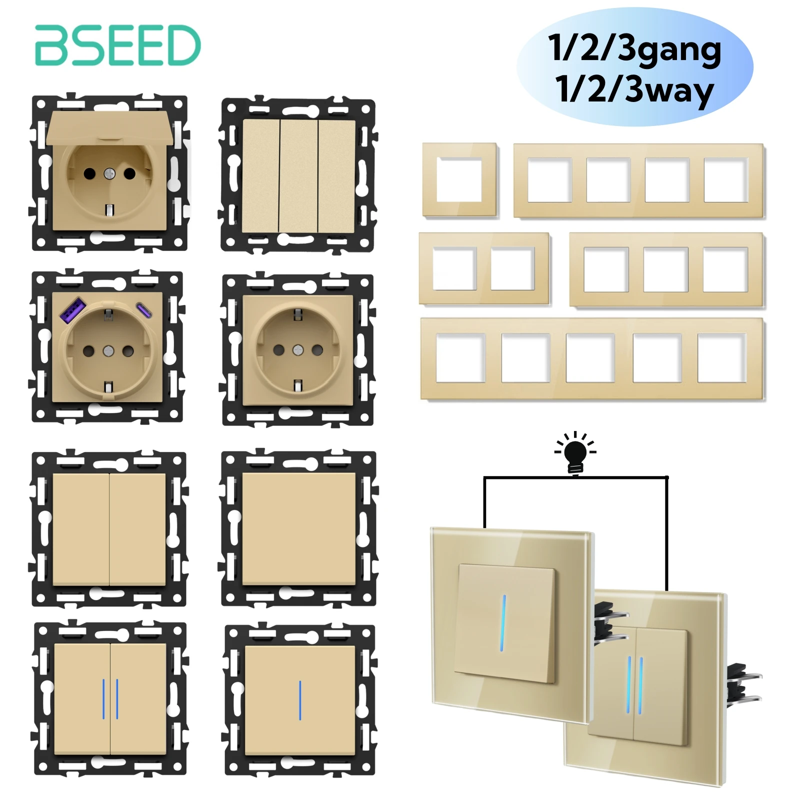 BSEED E-Serie 1/2/3-fach Schaltermodule 86mm Drucktastenschalter mit Anzeigeleuchte DIY Kombinations-Wandsteckdosen