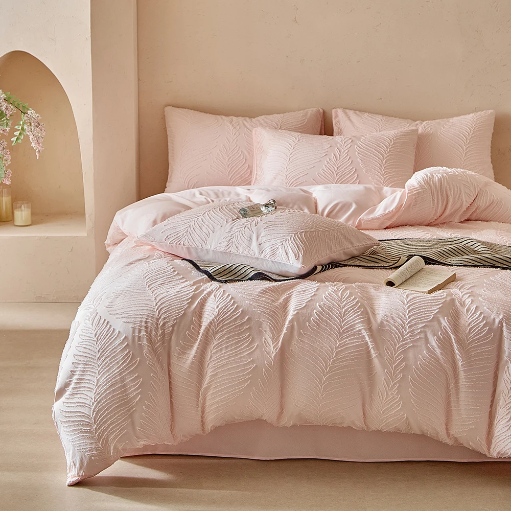 3pcs white/Pink Leaves Duvet Cover Set (1*Duvet Cover + 2*Pillowcase, Without Core),pink/white Bedding Set