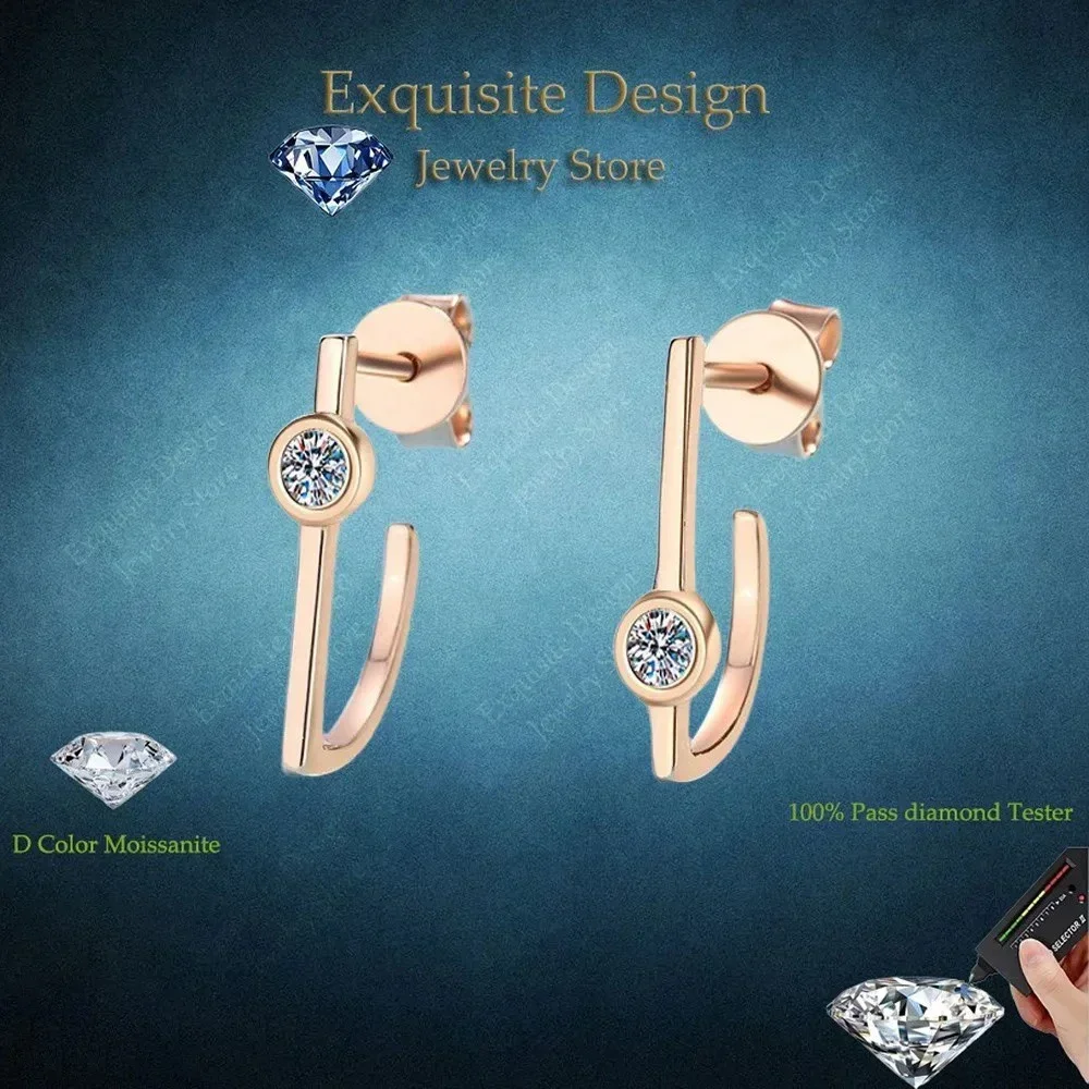 Women Wedding 18K Rose Gold Earplug Stud Line Earrings Fine Jewelry 0.2CT Moissanite Diamond Valentine's Day for her