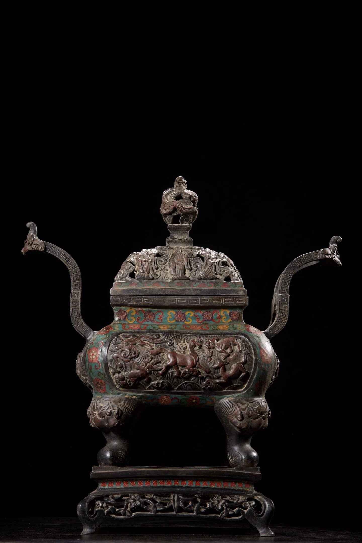 

20"Old Bronze Cloisonne Enamel hollow-out The Eight Immortals Crossing the Sea Dragon Ear Four Legged Incense Burner base