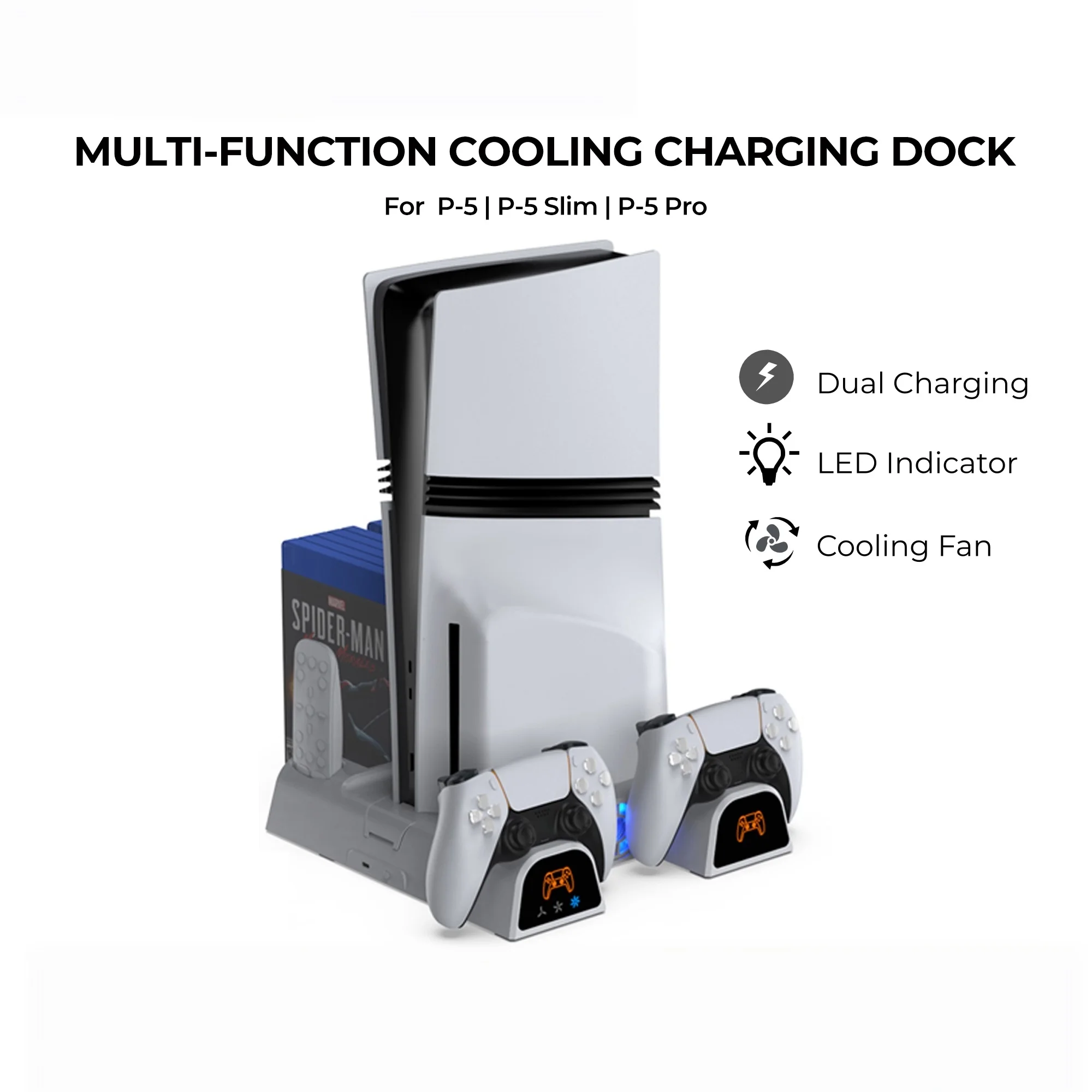 Multi‑Functional Cooling Stand For PS5 /Slim /Pro With Dual Charging Dock, Cooling Fan &LED Status Indicator Game Console