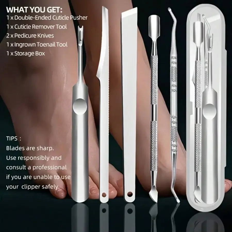 5/6PCS 전문 스테인레스 스틸 자란 발톱 깎기 세트-죽은 피부 트리밍 및 페디큐어 관리를위한 정밀 발 치료 도구