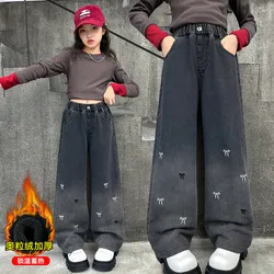 Butterfly Embroidery Child Winter Loose Jeans for Girls Kids Warm Pants Trousers with Fleece Lined Thick Trousers for Teens