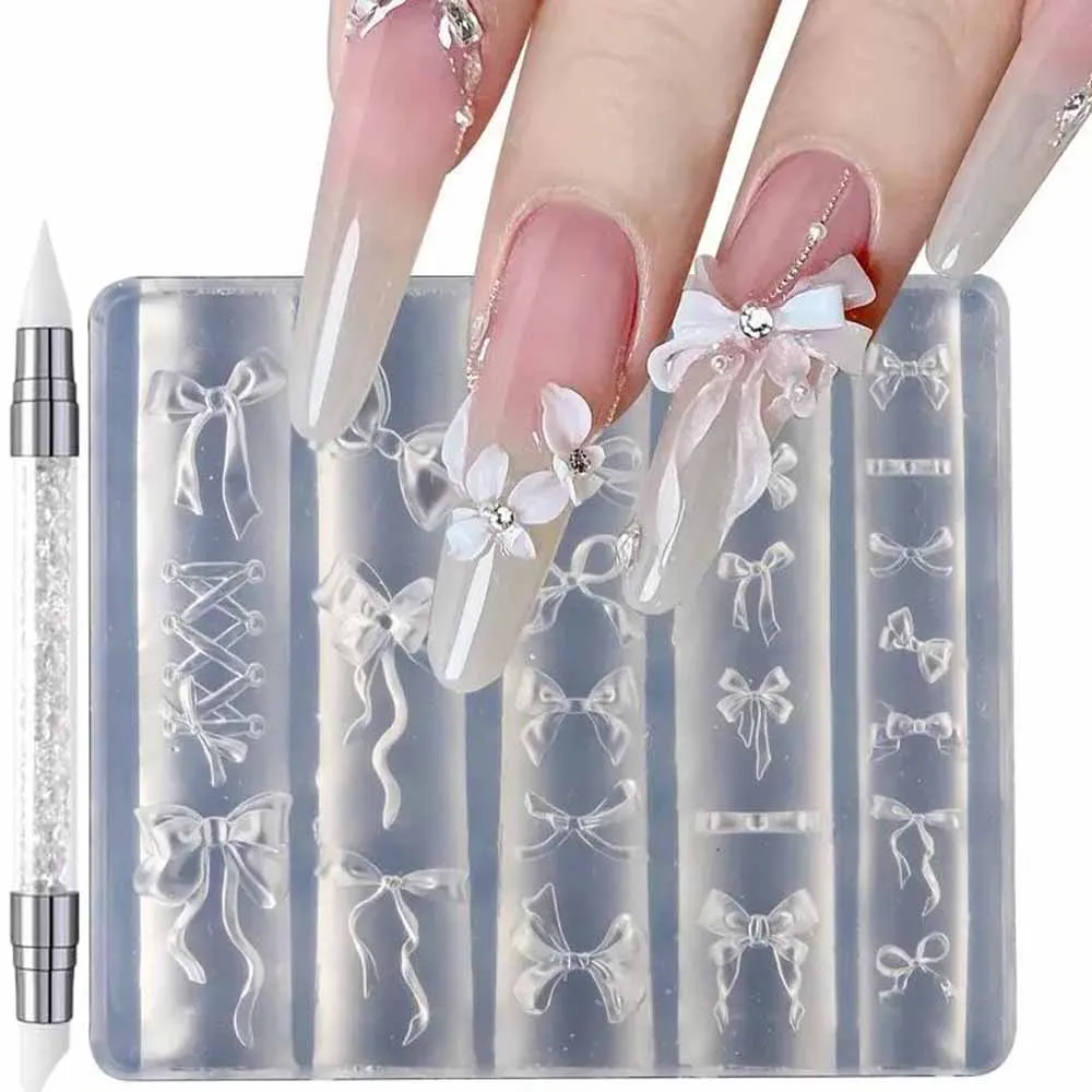1Pcs 3D Bowknot Silicone Nail Molds+1Carving Pen Y2K Ballet Style Ribbon Nails Stencils Sculpture Bows Manicure Template Tools *