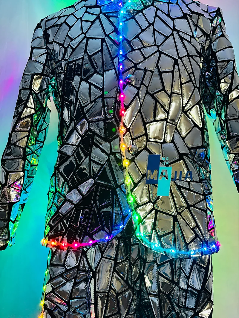 Silvery LED Stilts Walker Robot Costume Shiny Mirror Sequin Fabric Suits for Stage Performance Show Entertainment Cosplay