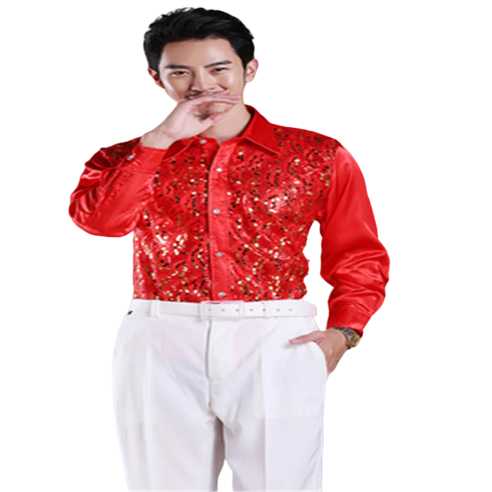 2024 new Men's glittering sequined shirt shirt stage performance clothing dance gala hosted chorus Shirts  high quality