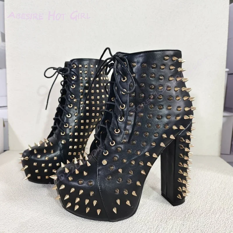 Full Gold Small Rivet Ankle Booties Black Matte Leather Round Pink Block Heel Metal Design Low Platform Boots Summer Girls Shoes