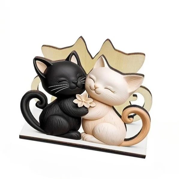 Cute Wooden Cat Tissue Holder, Adorable Black & White Couple Cat Design, Tabletop Tissue Organizer Decor for Home Office Desk