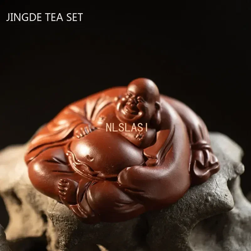 Yixing Purple Clay Maitreya Buddha Tea Pet Lucky Figure of Buddha Statue Ornaments Handmade Tea Figurine Crafts Tea Set Decors