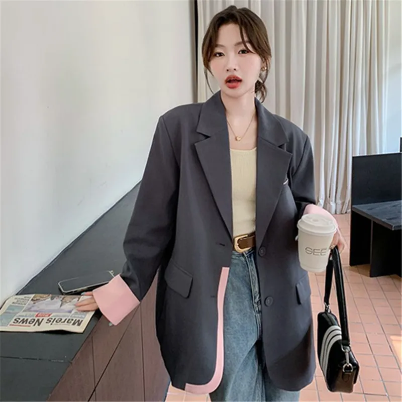 Chaqueta de traje gris para mujer, chaqueta holgada de manga larga con costuras contrastantes, prendas de vestir exteriores para primavera y otoño 2025