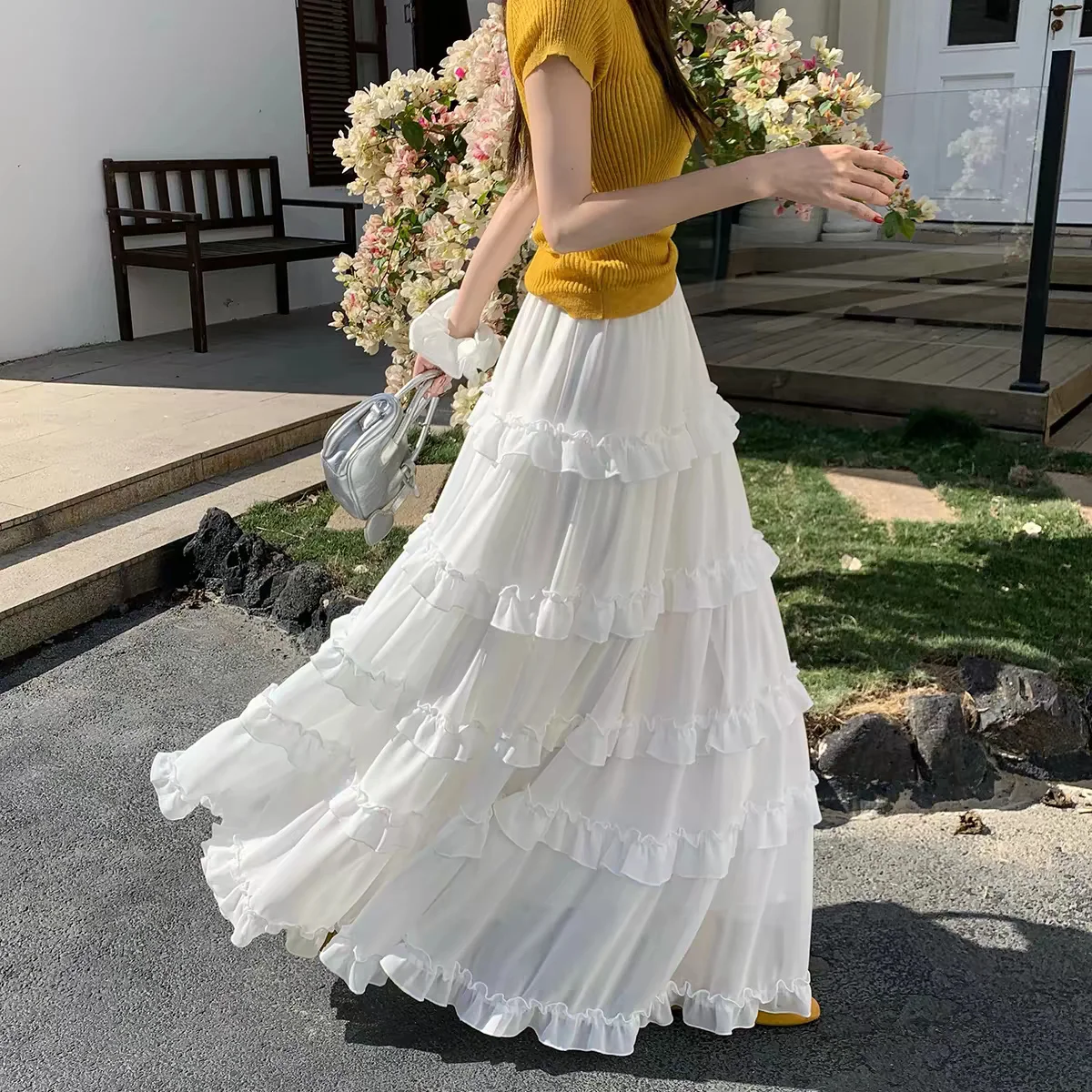 Saia Longa Branca Retrô para Mulheres, Cintura Alta, Elegante, Vintage, com Renda, Estilo Coreano, Casual, para o Verão, Tamanhos Grandes