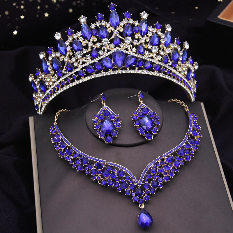 Blue Crown Wedding Jewelry Set for Women Green Tiaras and Choker Necklace earring sets Bridal Prom Bride Crown Set Pink