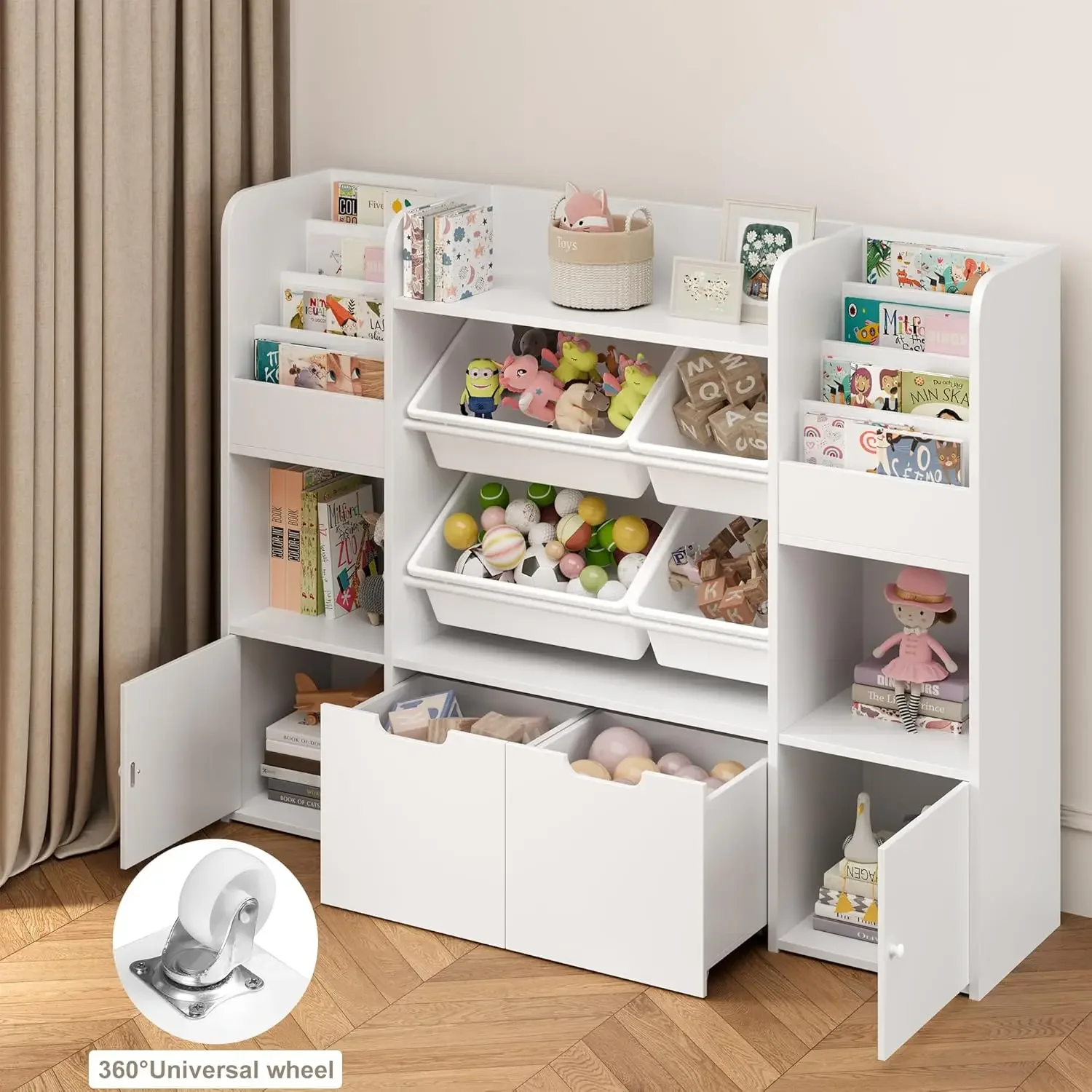 Grande organizador de armazenamento de brinquedos com 4 caixas de brinquedos, organizadores de brinquedos e armazenamento com 6 cubículos de armazenamento e 2 gavetas móveis