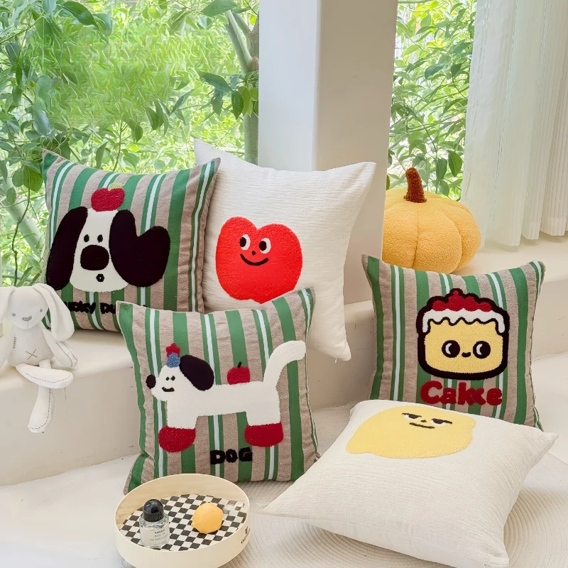 

Ins Green Stripe Embroidered Pillow Covers Cute Cartoon Square Cushion Cover Luxury Home Decor for Sofa Bed Living Room Bedroom