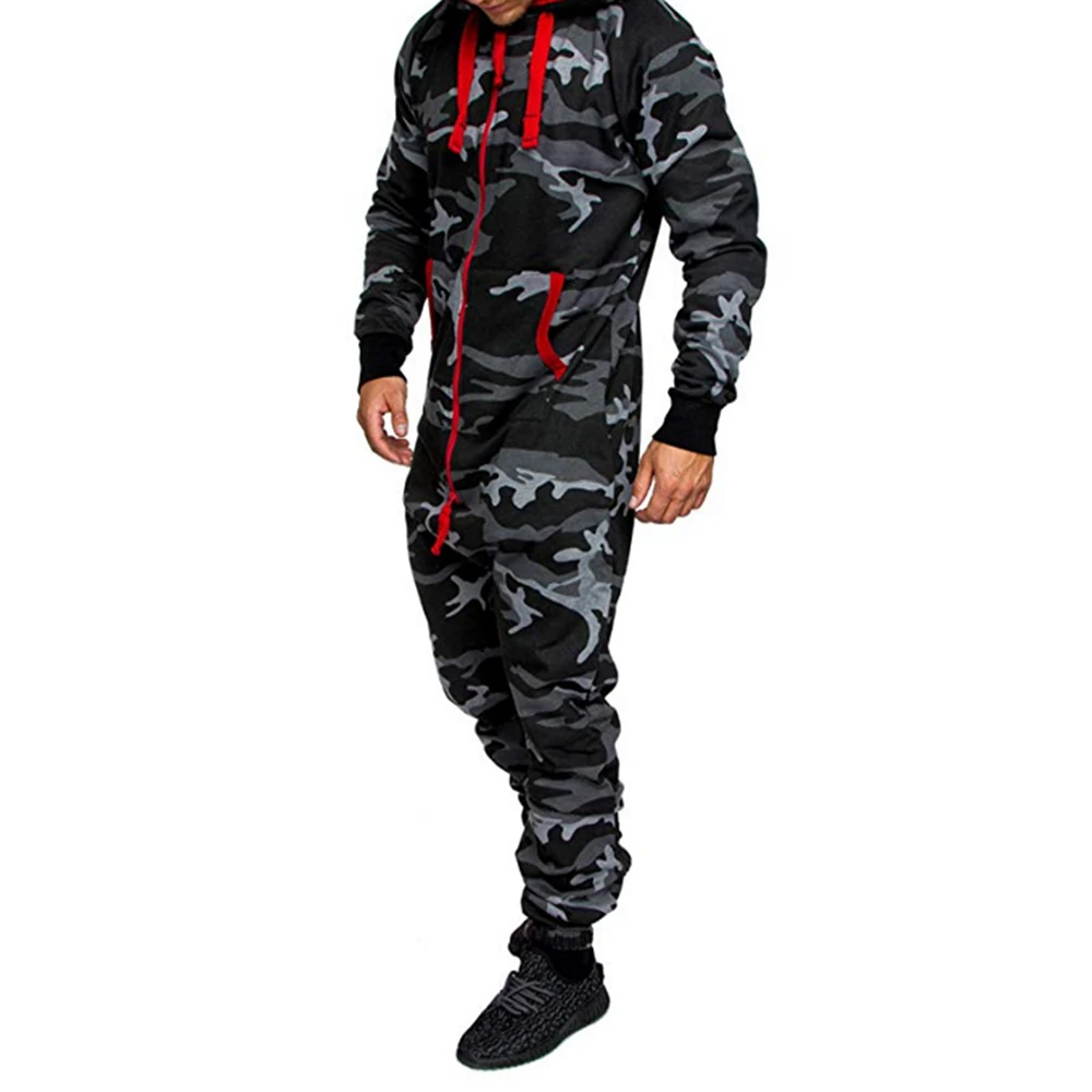 Autumn And Winter New Mens Hooded Contrasting Color Sports Fleece Personalized Jumpsuit Camouflage Print Casual Suit For Men